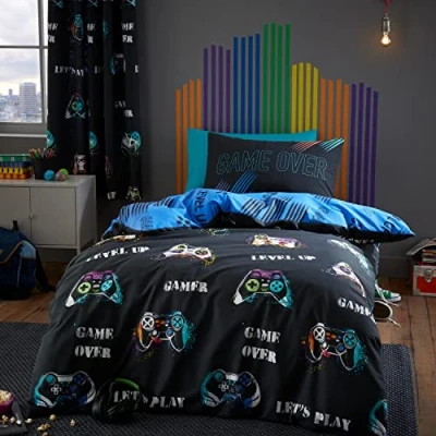 Image of Catherine Lansfield Game Over Reversible Double Duvet Cover Set with Pillowcases Black