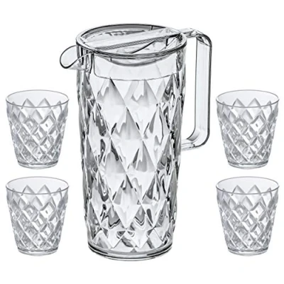 Image of Koziol Pitcher / Carafe unbreakable Crystal 1.6 Liter with 4 Water Glasses 250 ml
