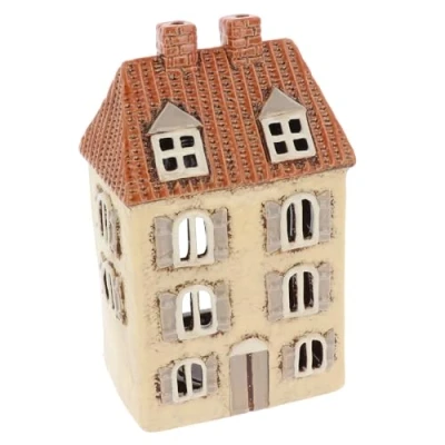 Image of Shudehill Giftware Village Pottery Ceramic Tealight Holder Brick Houses Grey Neutral Collection Tiled Chateau, Lilac, or Dormer House (Tiled Chateau)