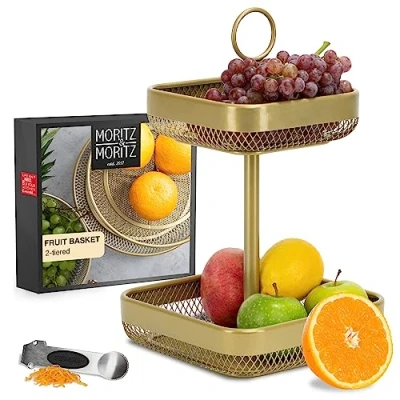 Image of Moritz &amp; Tiered Fruit Basket Gold Metal 21x21x35,5cm Modern Bowl Large Etagere in for Keeping Fruit, Vegetables and Bread