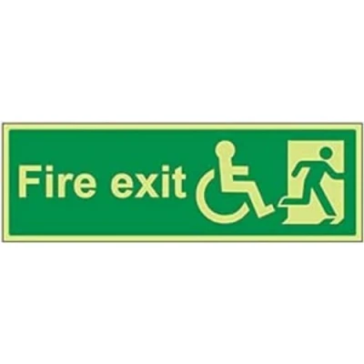 Image of V Safety Glow In The Dark Wheel Chair Final Fire Exit with Text Man Right Sign 450mm x 150mm Rigid Plastic
