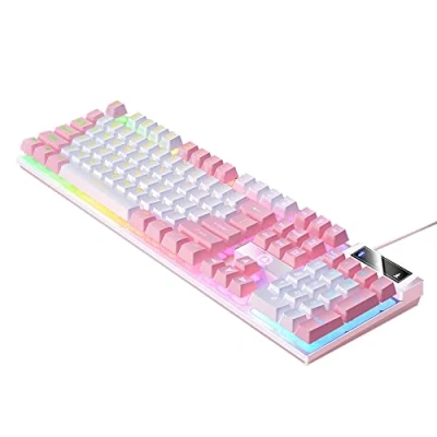 Image of NALLBEIRRAA Gaming Keyboard,Rainbow LED Backlit Mechanical Feeling USB Wired Keyboard,Waterproof Keyboard RGB Backlight Full Anti ghosting for Computer/PC/Laptop/MAC (White + Pink)