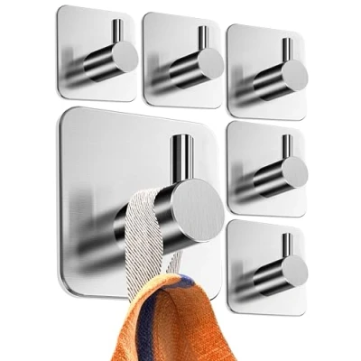 Image of 4smile Self Adhesive Hooks Set of 6, Stainless Steel Strong Sticky for Hanging Towels, Bathroom Towel Hooks, Tea Stick on