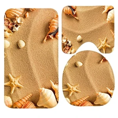 Image of RedBeans Toilet Set Beach Sea Shell Sand 3 Piece Bathroom Mat Rug Non Slip Contour Lid Cover and Bath