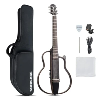 Image of SONICAKE Electric Travel Guitar, Portable Solid Mahogany Body Acoustic Easy Assemble Frames, Multi Shape Sim Preamp, Gig Bag, Accessories