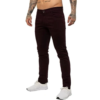 Image of New Mens Kruze Stretch Slim Fit Chinos Branded Trousers Black Tan Navy White Holt 34 W X34L Burgundy