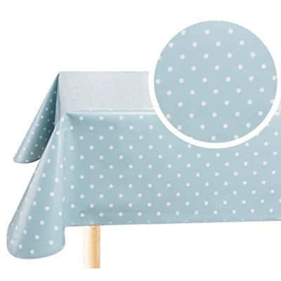 Image of Home Direct Rectangular Oilcloth PVC Wipe Clean Tablecloth Table Cover 140cm x 200cm 55x78 Polka Dot Duck Egg Green Blue