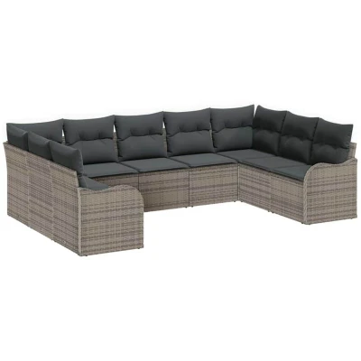Image of vidaXL 9 Piece Garden Sofa Set with Cushions Grey Poly Rattan