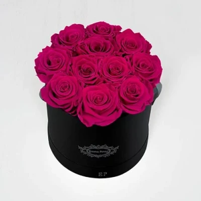 Image of Eternal Petals A 100% Real Roses That Last Years, Handmade in UK Dozen Roses, Round Black Flower Box (Fuchsia)