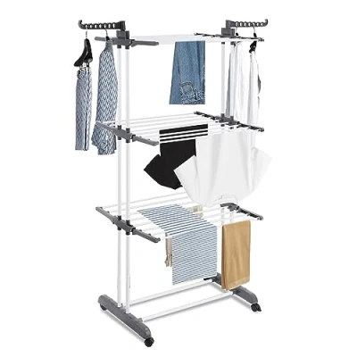 Image of ASAB 4 Tier Foldable Clothes Airer Retractable Drying Rack Laundry Dryer with Rolling Wheels Ample Space Rust Resistant Stainless Steel Saving Indoor Outdoor Air