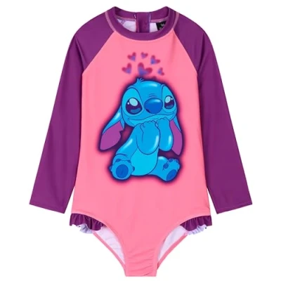 Image of Disney Girls One Piece Swimsuit, Long Sleeve Swimming Costume Gifts (Pink Stitch, 9 10 Years)
