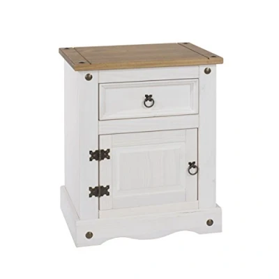 Image of Home Source Corona Solid Pine Bedside Cabinet 1 Door Drawer Night Stand, White