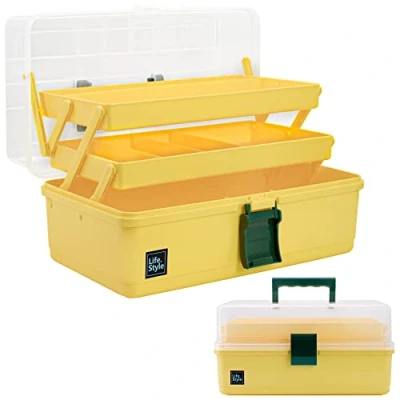 Image of Creahaus 13inch 3 Layer Multipurpose storage box, Craft Box with Compartments, Plastic Tool Medicine Hair Accessories Organiser, Sewing 2 Trays (Yellow)