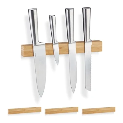 Image of Relaxdays Bamboo Magnetic Strip, 30 cm, 4 Magnets, Natural Grain, Knife Bar for Cutlery and Knives,