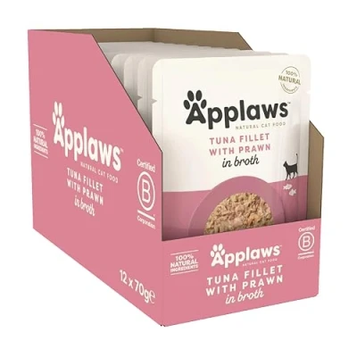Image of Applaws 100% Natural Wet Cat Food, Tuna Fillet with Pacific Prawn in Broth 12 x 70 g Pouches