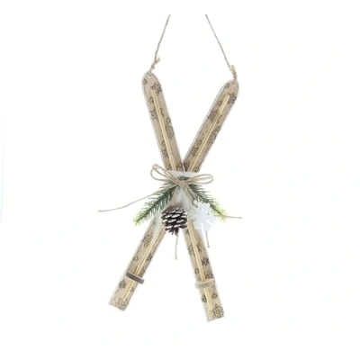 Image of Festive Productiions 30cm Wooden Ski&#039;s With Pine Foilage and Cone Hanging Christmas Decoration
