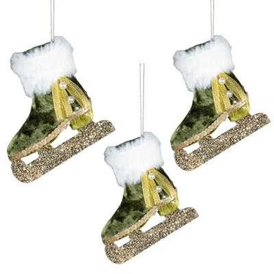 Image of 3Pcs Green Mini Ice Skate Boots 11x12cm Christmas Tree Hanging Decorations Festive Decorative Ornaments Fairy Tale Themed Xmas Pendant