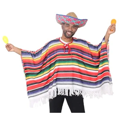 Image of Adults Mexican Poncho Fancy Dress Costume Multicoloured Overhead Mexico Deluxe for Men and Women