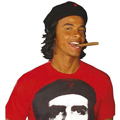 Image of shoperama Black Che Guevara Hat with Hair Revolutionary Wig Cap Beret