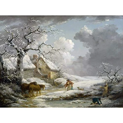 Image of Morland Winter Landscape Snow Horses Painting Large Wall Art Print Canvas Premium Mural