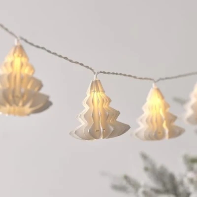 Image of Lights4fun Indoor White Paper Christmas Tree Garland 10 Warm LEDs Battery Operated String Fairy Lights with Timer 1.8m