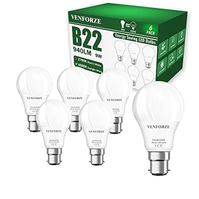 Image of Venforze Bayonet Light Bulbs, 9W(Equivalent to 60W) 6000K Cool White B22 LED Bulb, 940LM A60 Non Dimmable BC GLS Energy Saving Pack of 6 [Energy Class A]
