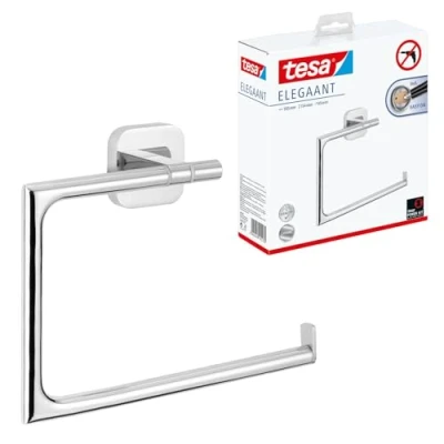 Image of tesa ELEGAANT Towel Ring Self Adhesive Hand in Stainless Steel Design Wall Mounted Holder waterproof, incl. Power.Kit Solution 154 mm x 185 45