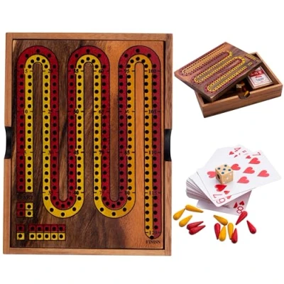 Image of Engelhart 350290 Wooden cribbage in a box with cards board game for 2 or more players aged 8 plus 16.7 x 22.2 4.3 cm