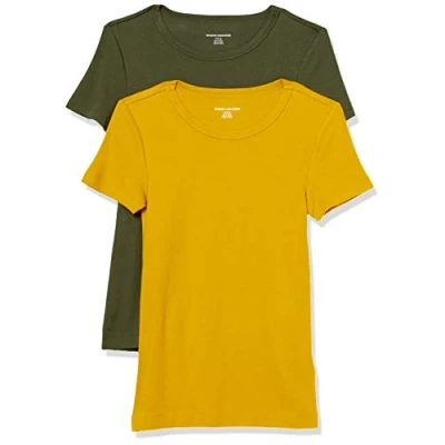 Image of Amazon Essentials Women&#039;s Slim Fit Short Sleeve Crewneck T Shirt, Pack of 2, Gold/Olive, S