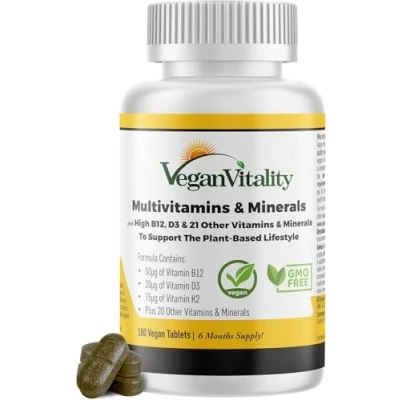 Image of Vegan Multivitamins &amp; Minerals with High Strength Vitamin B12, D3 K2. 180 multivitamin Tablets 6 Months Supply. Designed for Vegans Vegetarians.