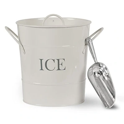 Image of CKB LTD® Traditional Ice Bucket with Scoop Holder and Carry Handles Indoor or Outdoor Entertaining Retro Chic, Vintage Charm Chalk White Coloured Powder Coated Steel