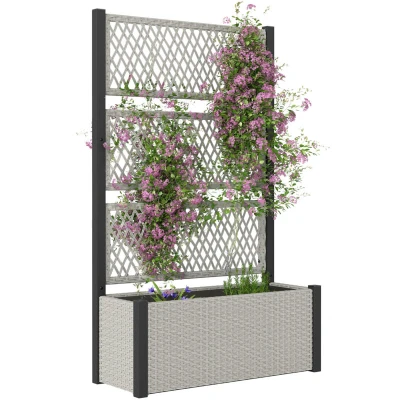 Image of Outsunny Garden Planter Box with Trellis, Liner, Rattan Raised Bed, Trough Topped Trellis for Climbing Plants, Vegetables, Flowers, 90 x 35 148 cm, Mixed grey