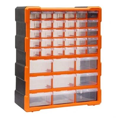 Image of Bond Hardware 39 Drawer Organiser for DIY Tool Bits Plastic Storage Units Workshop Screws and Small Parts Cabinet or Office Stationary Craft Box Black/Orange