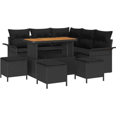 Image of vidaXL 9 Piece Garden Sofa Set with Cushions Black Poly Rattan Acacia