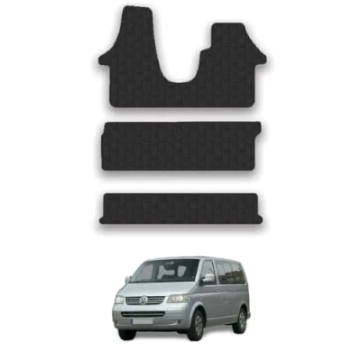 Image of 5mm Rubber Floor Mats for the VW Transporter T5 (2003 2015) [Not suitable T6.1 (2019 on) models] Custom Van Accessory Tailored fit Heavy Duty, Waterproof &amp; Anti Slip Work with Clips