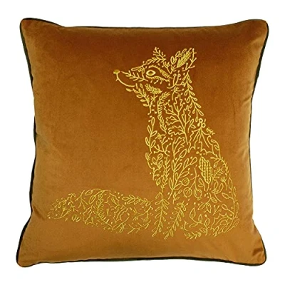 Image of furn. Forest Fauna Fox Embroidered Piped Velvet Cushion Cover Gold One Size