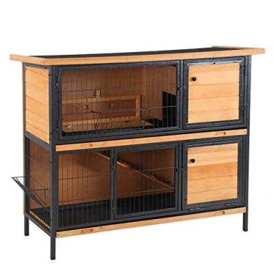 Image of PawHut 2 Tier Wooden Rabbit Hutch Guinea Pig Bunny Cage Metal Frame Elevated Pet House with Slide Out Tray Feeding Trough Ramp Lockable Door Openable Roof Light Yellow 122 x 50 101cm