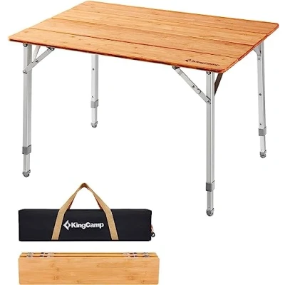 Image of KingCamp Bamboo Folding Table Environmental Camping with Adjustable Height Aluminum Legs Heavy Duty 4 Folds Portable Camp Tables for Travel, Picnic, Party, Beach, 1 2 People