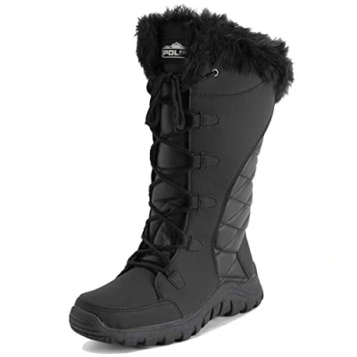 Image of Polar Womens Quilted Faux Fur Cuff Winter Duck Rubber Sole Durable Snow Rain Outdoor Boots Black Leather Tall UK8/EU41 YC0659