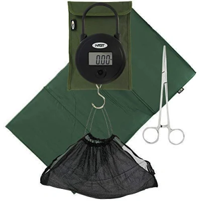 Image of Quickfish Digital Carp Coarse 25kg Fishing Scales with Tare Function Soft Green Unhooking Mat Fold Over Straps Mesh Weighing Sling, 6&quot; Stainless Steel Forceps &amp; Down Carry Case