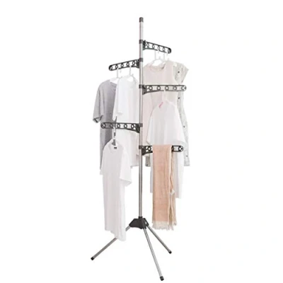 Image of BAOYOUNI Foldable Laundry Pole Clothes Tree Drying Rack Airer Corner Tripod Coat Hanger Standing Garment Storage Shelf Holder Indoor Space Saving Organizer with 5 Adjustable Arms, Grey