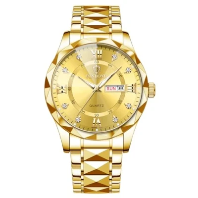 Image of JewelryWe Couple Watches Gift Set: Men Women Analog Quartz Round Dress Watch Waterproof Luminous Date Calendar Luxurious Multifunctional Stainless Steel Business Couples Wristwatches