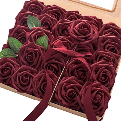 Image of Floroom Artificial Flowers 25pcs Real Looking Burgundy Foam Fake Roses with Stems for DIY Wedding Bouquets Red Bridal Shower Centerpieces Party Decorations