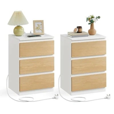 Image of VASAGLE Bedside Table with Charging Station, Side End 3 Drawers, 2 AC Outlets, USB Ports, for Living Room, Bedroom, Study, Modern, Cloud White and Almond Yellow LET631Y02