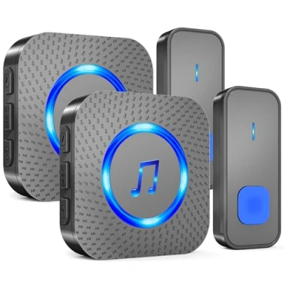 Image of SURFOU Wireless Doorbell, 1,300ft Long Range Door Bells, Waterproof Battery Operated Cordless Doorbell with 2 Receivers, 55 Chimes 5 Volume Levels, LED Flash, Black