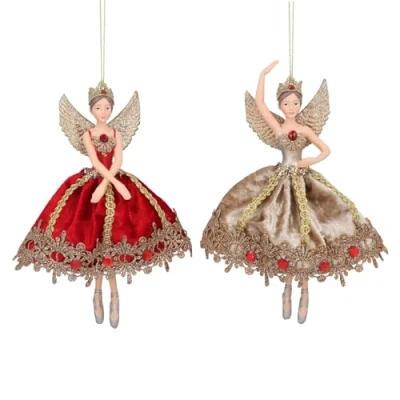 Image of Gisela Graham Fairy in Red &amp;Gold Fabric Dress Resin 16 Centimetre Decoration, set of 2 Assorted