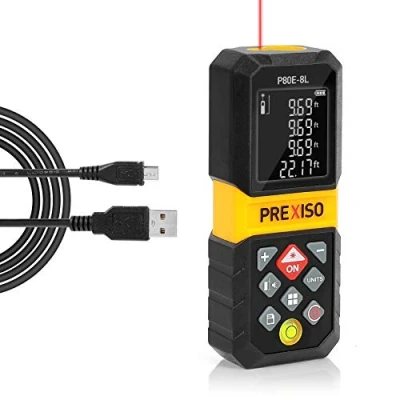 Image of PREXISO Laser Measure, 265Ft Rechargeable Distance Meter with Multi Measurement Units M/In/Ft, Backlit LCD 4 Line Display, and Pythagorean, Distance, Area, Volume Modes