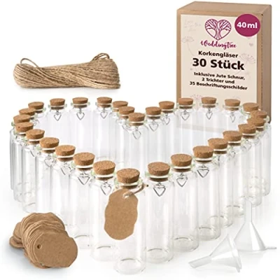Image of WeddingTree 30x40ml Small Glass Bottles with Cork Lids Mini Heart Pendant and Funnel For Presents Wedding Decoration Spices