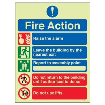 Image of V Safety Glow In The Dark 5 Message Fire Action Notice Sign 150mm x 200mm Rigid Plastic