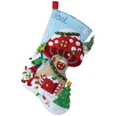 Image of Bucilla, Gnome Christmas 18&quot; Felt Applique Stocking Making Kit, Perfect for DIY Holiday Needlepoint Arts and Crafts, 89473E